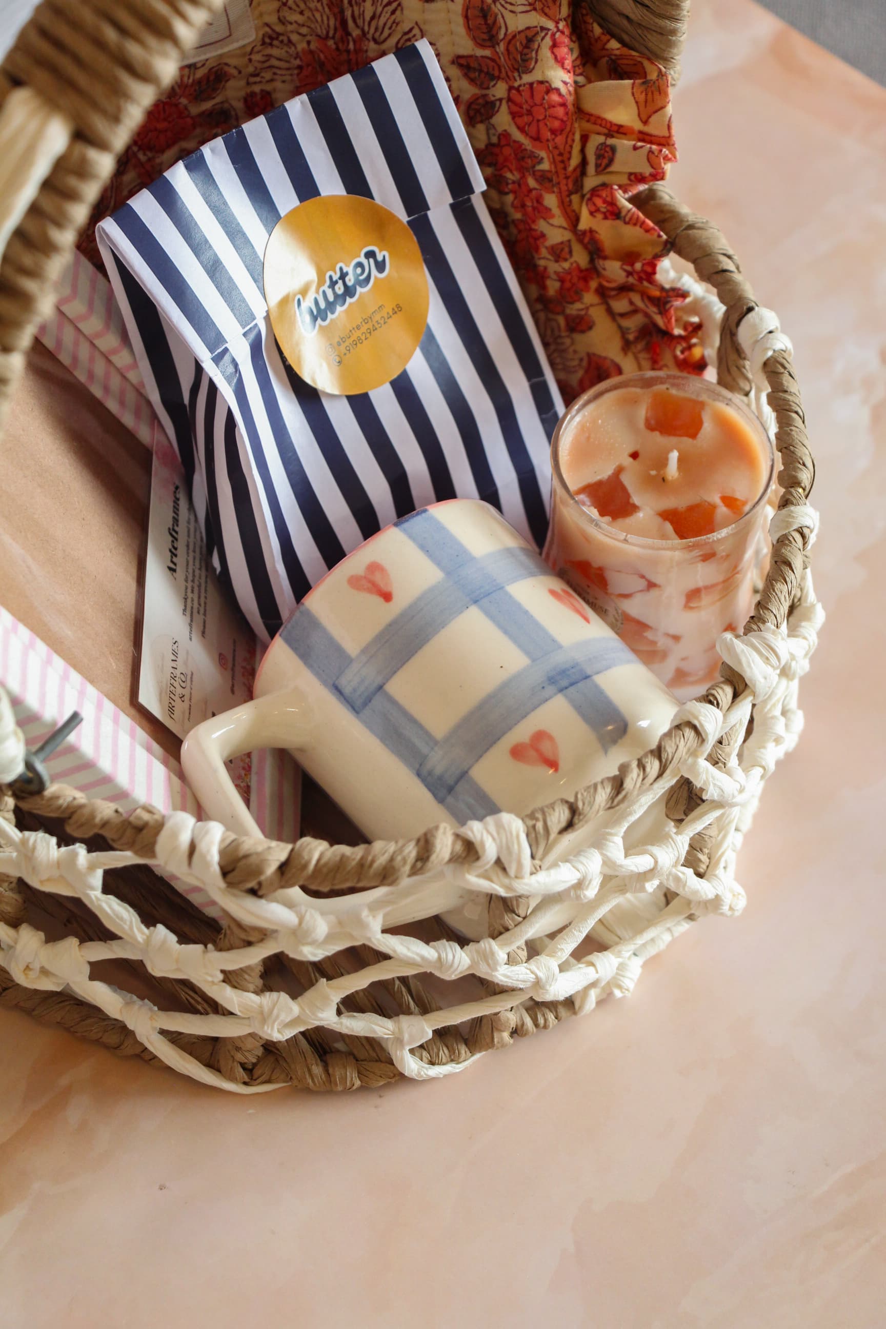 Sister Edit basket with Butter cookies, heart mug and iced coffee candle
